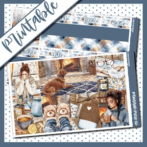 May include: A printable planner sticker sheet with a cosy winter theme. The design features illustrations of a fireplace, a dog, a woman drinking tea, and other cold-weather elements. The word "Printable" is written across the top.