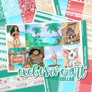 May include: A planner sticker sheet with a Polynesian theme. The sheet features illustrations of characters and scenes from a tropical island setting, including a woman, a pig, and a boat. The text "exclusive art collab" is also visible.