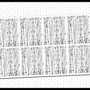 May include: A sheet of 8 black and white birch tree patterned stickers. The stickers are designed for use as planner or journal embellishments. The text "DAS UNDERLAY" and "#corner pixie co" are printed on the sheet.