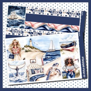 May include: A nautical-themed planner sticker sheet with illustrations of a sailboat, lighthouse, beach, and a whale's tail. The design incorporates navy blue, red, and white colors, with text labels for days of the week.