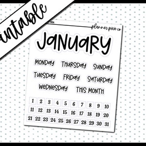 May include: Printable planner stickers for January with days of the week, "This Month", and a calendar grid with numbers 1 through 31.