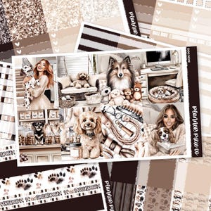 Op de afbeelding: Een planner sticker vel met een hondenthema. Het ontwerp bevat illustraties van honden, hondenaccessoires en mensen met honden. Het kleurenpalet bevat tinten bruin, beige en wit. De tekst "DOG MOM" en "Planner Pixie Co" zijn zichtbaar.