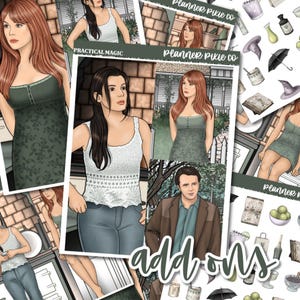 May include: A collection of illustrated stickers featuring characters and items with the text Practical Magic and Planner Pixie Co. The images include figures in casual clothing, a person in a brown jacket, and various small icons like umbrellas.