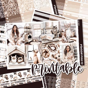 Puede incluir: Una hoja de planificación imprimible con temática de gatos. El diseño presenta ilustraciones de gatos, una mujer y varios elementos de decoración del hogar en tonos marrones y beige. La palabra "Printable" se muestra de forma destacada.