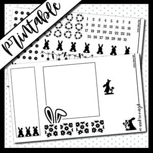 May include: Black and white printable planner stickers featuring bunnies, wreaths, and a calendar with the numbers 1 through 31. The text "Printable" is in large letters at the top of the image. The text "052 PIXIE PACK" appears twice in the image.