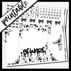 Könnte beinhalten: Schwarz-weiße Planer-Aufkleber mit einem gruseligen Thema. Die Aufkleber zeigen tropfende Farbe, Handabdrücke und das Wort "BEWARE" im Graffiti-Stil. Es gibt auch Zahlen für einen Kalender, Schleifen und Kreise.