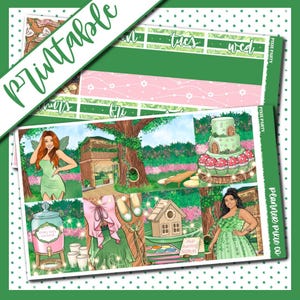 Puede incluir: Una hoja de pegatinas para planificador con temática de hadas. La hoja presenta ilustraciones de hadas, una casa de hadas, un pastel y otros elementos relacionados con las hadas. La palabra "Printable" está escrita en verde. El fondo es una mezcla de rosa y verde.