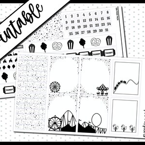 May include: Black and white printable planner stickers featuring a carnival theme. The stickers include a Ferris wheel, roller coaster, carousel, popcorn, pretzels, tickets, and a calendar with numbers 1 through 31.