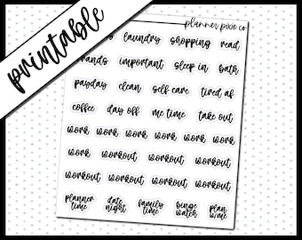 Op de afbeelding: Printbare planner stickers met zwarte tekst op witte cirkels. De stickers bevatten zinnen zoals "wasgoed", "winkelen", "lezen", "belangrijk", "uitslapen", "bad", "betaaldag", "schoonmaken", "zelfzorg", "kapot", "koffie", "vrije dag", "tijd voor mezelf", "uit eten", "werk", "training", "plantijd", "date night", "familietijd", "bingewatchen", en "tijd plannen".