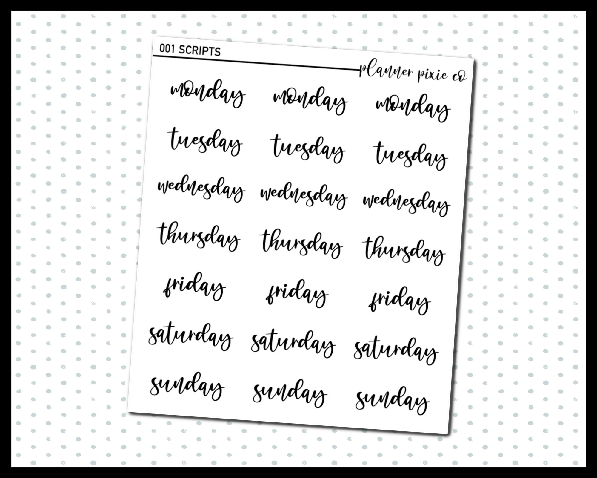 Foiled Scripts, (M001) Script Stickers, Date Covers, Days of the Week