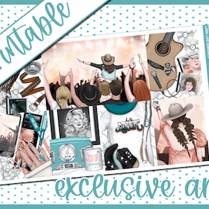 May include: A printable planner sticker set with a country music theme. The stickers feature a concert scene, a guitar, a cowboy hat, and the text "Long Live Cowgirls".