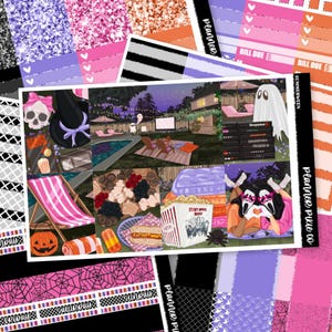 May include: A collection of decorative planner stickers featuring a Summerween theme with illustrations of a backyard movie night, a ghost, a skull with a pink bow, a popcorn bucket, and two figures in masks. The set includes various patterns and colors.