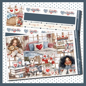 May include: A set of planner stickers featuring a winter theme with cozy scenes, including a bedroom with a red heart pillow, a stack of sweaters, a dog wearing a sweater, a bouquet of red roses, and a woman wearing a sweater. The stickers also include days of the week and the phrase "Winter in Love".