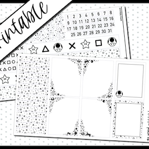 Könnte beinhalten: Druckbare Planerseite mit einem schwarz-weißen Design mit einem Kalender, einem Quadratraster und einem Rand aus Herzen, Sternen und Spielsteuerungssymbolen. Der Text "planner pixie co" befindet sich unten rechts.