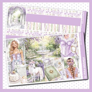 May include: A digital planner sticker sheet with a purple and white color scheme. The sheet features a whimsical garden scene with a fountain, a unicorn, a woman in a corset, and a woman with long braids. The sheet also includes a calendar with the days of the week labeled.