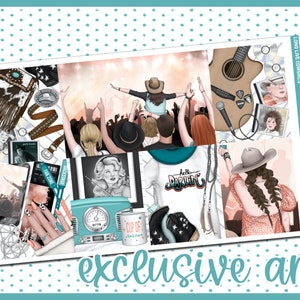 Puede incluir: Un conjunto de pegatinas para planificador con temática de música country. Las pegatinas incluyen una escena de concierto, un sombrero de vaquero, una guitarra, un micrófono, una radio vintage, una taza de café y una camiseta con el texto "hello darlin".