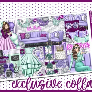 May include: A digital planner sticker set with a purple, teal, and silver color scheme. The stickers feature a birthday queen theme with illustrations of a woman in a purple dress, a woman in a teal dress, a cake, and a party punch dispenser. The text "Let's Party" and "Birthday Queen" are included in the design.
