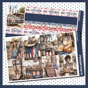 Könnte beinhalten: Ein Planer-Aufkleberbogen mit amerikanischem Thema. Der Bogen zeigt Aquarellillustrationen von Oldtimern, einem Cowboyhut, einer Frau mit einer Flagge und anderen patriotischen Bildern. Der obere Teil des Bogens zeigt die Wochentage.