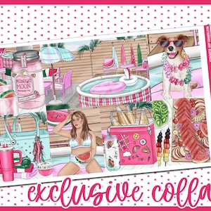 May include: A colorful illustration with a summer theme. It features a dog wearing sunglasses and a lei, a woman in a bikini, and various watermelon-themed items like drinks and fruit platters. The text "Watermelon Summer" is visible.