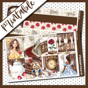 May include: A planner sticker sheet with a "Modern Tale" theme. The design features watercolor illustrations of a rose in a glass dome, a staircase, and characters in yellow and blue dresses. The word "Printable" is written in a script font.