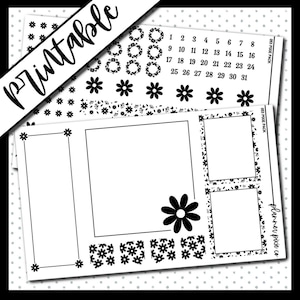 May include: Black and white printable planner stickers with a floral theme. The stickers include a calendar, frames, and various floral designs.