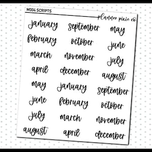 May include: A set of 12 black script font month stickers for a planner or journal. The months are January, February, March, April, May, June, July, August, September, October, November, and December.