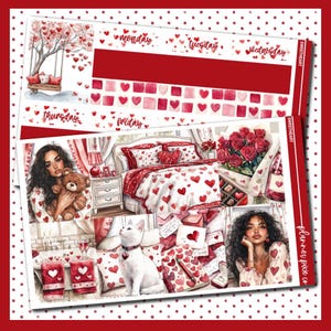 May include: A set of Valentine's Day planner stickers featuring a couple in a bedroom, a cat, a teddy bear, and a bouquet of roses. The stickers also include a heart pattern, the words "Sweetheart" and "Planner Pixie Co.", and the days of the week.