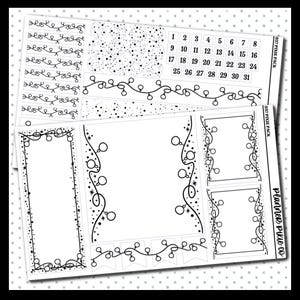 May include: Black and white planner stickers with a Christmas theme. The stickers include decorative borders, banners, and a calendar with numbers 1-31. The stickers are from the "037 Pixie Pack" by Planner Pixie Co.