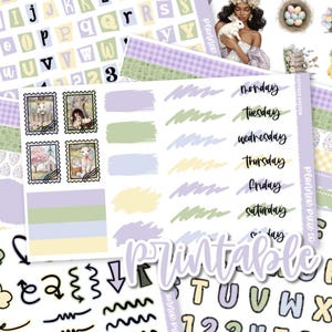 May include: A selection of printable planner stickers with an Easter theme. The stickers feature pastel colours, stamps with bunny illustrations, and decorative elements. Includes days of the week, letters, numbers, and decorative brush strokes.