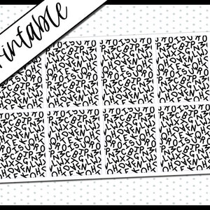 May include: Printable sticker sheet with eight black and white squares. Each square features a repeating pattern of letters in a random arrangement. The text "059 UNDERLAY" appears in the top right corner of the sheet.