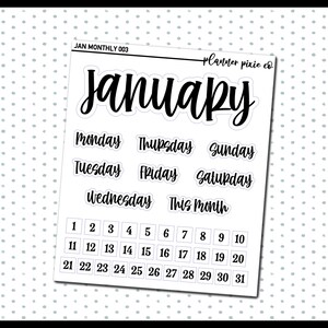 May include: A white sticker sheet with black text for a planner. The word "January" is in a large, cursive font. Below are the days of the week and numbers 1-31. The text "This Month" is also included.