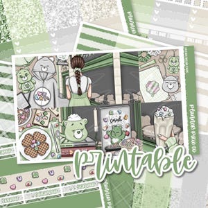 May include: A printable planner kit with a green and white color scheme. The design features illustrations of bears, waffles, cereal, and a person. The word "Printable" is written in a script font.