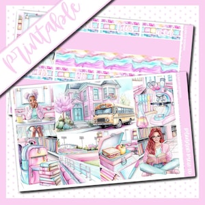 Puede incluir: Un kit de planificador imprimible con temática escolar. El diseño presenta ilustraciones de una escuela rosa, un autobús escolar, un microscopio, libros y estudiantes. La paleta de colores incluye rosa, azul y amarillo.