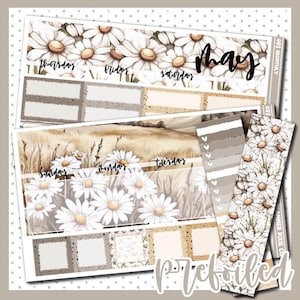 May include: A set of printable planner stickers with a daisy theme. The stickers feature a watercolor background with daisies and the word "May" in a handwritten font. The stickers are designed for use in a planner or journal.