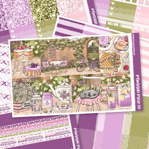 May include: A planner sticker sheet with a garden theme. The sheet features illustrations of cakes, tea sets, a bicycle, and a cat. The color palette includes shades of purple, pink, and green. Text includes "Flower Garden" and "Spring Has Sprung".