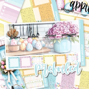 May include: A planner sticker sheet with an Easter theme. The design includes illustrations of Easter eggs, flowers, and kitchen utensils. The days of the week are labeled, and the word "Prefoiled" is written in a script font.