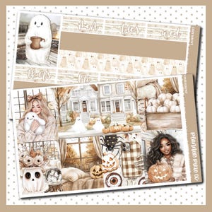 May include: A planner sticker sheet with a cozy autumn theme. The design features illustrations of ghosts, pumpkins, houses, and fall foliage. The text includes days of the week and the words "Cozy Haunt" and "Planner Pixie Co."