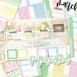 May include: A planner sticker sheet with a St. Patrick's Day theme. The design includes a living room scene with a couch and fireplace, and the days of the week are labeled. The words "Prefoiled" and "You are my LUCKY CHARM" are also visible.