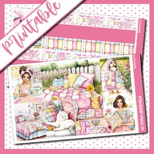 Könnte beinhalten: Ein digitaler Planer-Aufkleberbogen mit Patchwork-Thema. Die Aufkleber zeigen verschiedene Bilder, darunter eine Frau beim Nähen, eine Ente mit einem Patchwork-Mantel, eine Katze, die auf einer Patchwork-Decke schläft, und eine Frau, die ein Patchwork-Kissen hält. Die Aufkleber sind für die Verwendung in einem Planer oder Tagebuch gedacht.