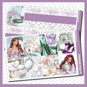May include: A planner sticker sheet with a mermaid theme. The sheet features illustrations of a mermaid, a bed, a castle, and various accessories in shades of purple, green, and white. The days of the week are written across the top.