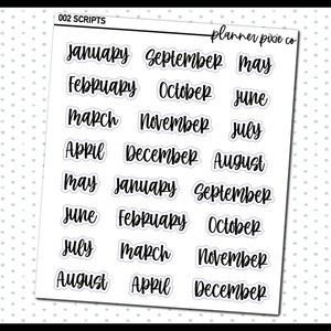 May include: A sheet of printable planner stickers with the months of the year written in a script font. The text "002 SCRIPTS" and "planner pixie co" are also visible on the sheet.