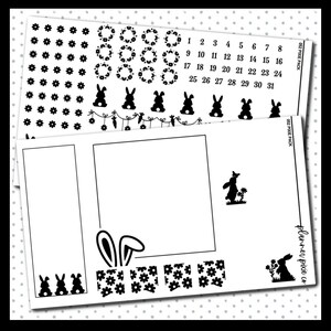 May include: Black and white printable planner stickers featuring bunnies, wreaths, flowers, and a calendar with the numbers 1 through 31. The stickers are part of a 52 piece pack.
