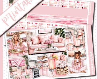 May include: A printable planner sticker sheet with a pink and white color scheme. The stickers feature illustrations of a woman in pajamas, a living room with a pink sofa, a kitchen with a coffee maker, and a breakfast scene with pancakes and juice. The text "Morning Routine" and "Pancake Pile Co." are included on the sheet.