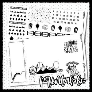 May include: A set of black and white printable planner stickers featuring carnival-themed graphics, including a Ferris wheel, roller coaster, popcorn, pretzels, and tickets. Text includes numbers 1-31, "HERE FOR THE SNACKS", and "COASTER HAIR DON'T CARE".