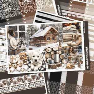 Op de afbeelding: Een planner sticker vel met een winter thema. Het ontwerp bevat illustraties van een hut, een hond, warme chocolademelk en gezellige winterse scènes. Het kleurenpalet bevat bruin, wit en zwart, met de tekst "Buffalo Winter" aan de zijkant.