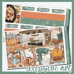 May include: A digital planner sticker set with a harvest theme. The stickers feature a kitchen scene with a woman baking a turkey, a pumpkin spice drink, and a stand mixer. The stickers also include a variety of fall-themed elements, such as pumpkins, leaves, and a turkey.