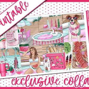Puede incluir: Hoja de pegatinas para planificador "Watermelon Summer" con una piscina, una sandía, un perro con gafas de sol y un collar de flores, y una nevera con bebidas. La hoja también incluye una mujer en bikini, una rodaja de sandía y una fuente de fruta. El texto de la hoja dice "Watermelon Summer" y "Planner Pixie Co."