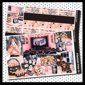May include: A Halloween-themed planner sticker sheet. The design features illustrations of a cinema, pumpkins, ghosts, and the text "FRIGHT NIGHT". The colour scheme includes pink, black, and orange.