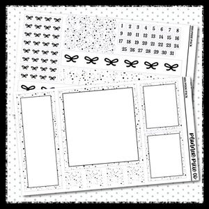 May include: Black and white planner stickers with bow and dot designs. Includes numbered days of the month, bow accents, and rectangular and square blank spaces for notes. The stickers are from the "001 Pixie Pack" by Planner Pixie Co.