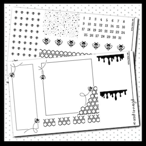 May include: Black and white printable planner stickers featuring bees, honeycombs, and dripping honey. The stickers include a calendar grid, a honeycomb pattern, and a bee design. The text "061 PIXIE PACK" and "planner pixie co." are also included.